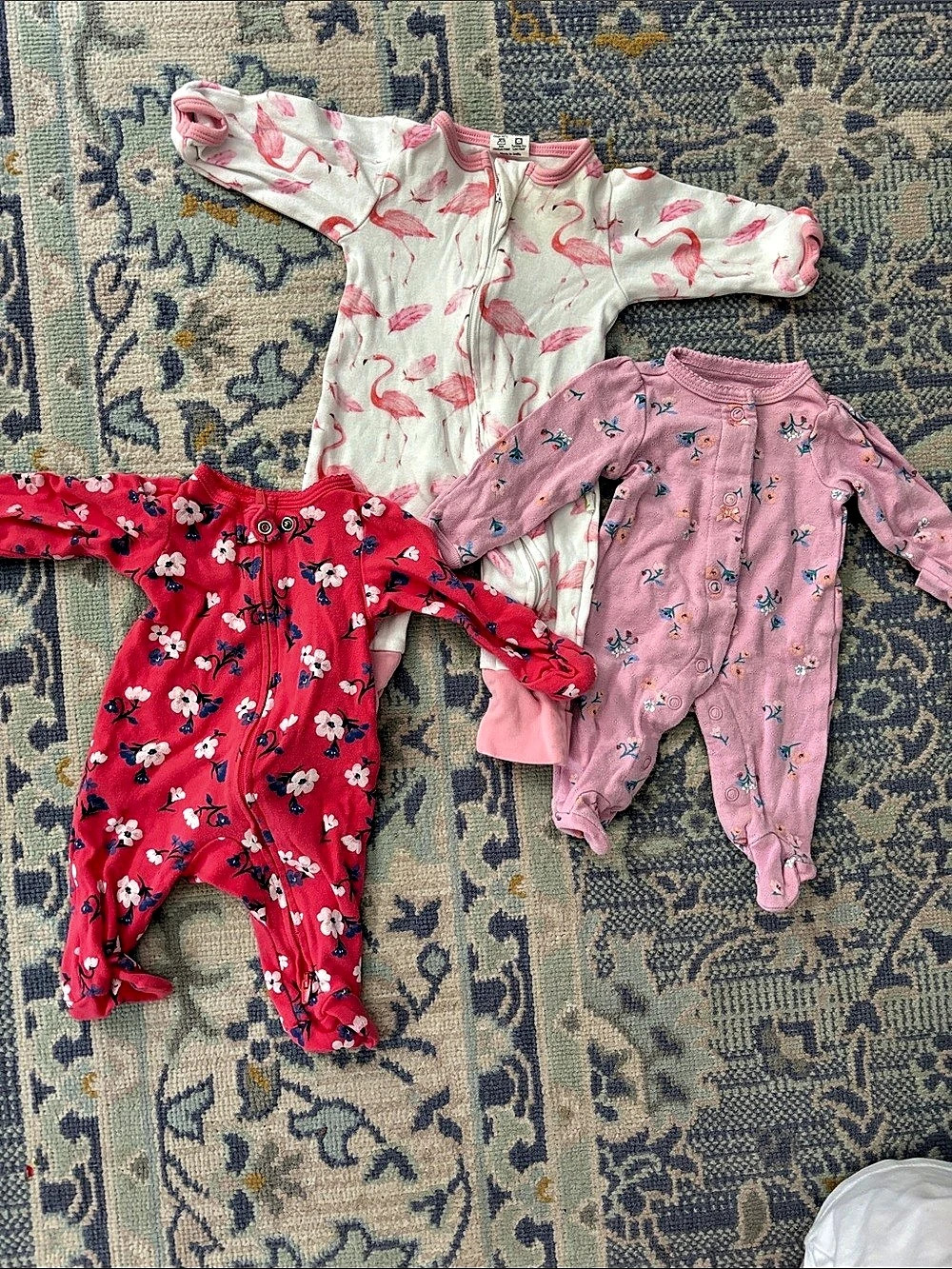 Pack of 3 newborn + one premie Baby Floral Footies Pink & Red Like New